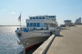 ÃÂ Motor ship. Volgograd. A cruise ship with tourists on the Volga stands at the pier on the central promenade of the city of Royalty Free Stock Photo